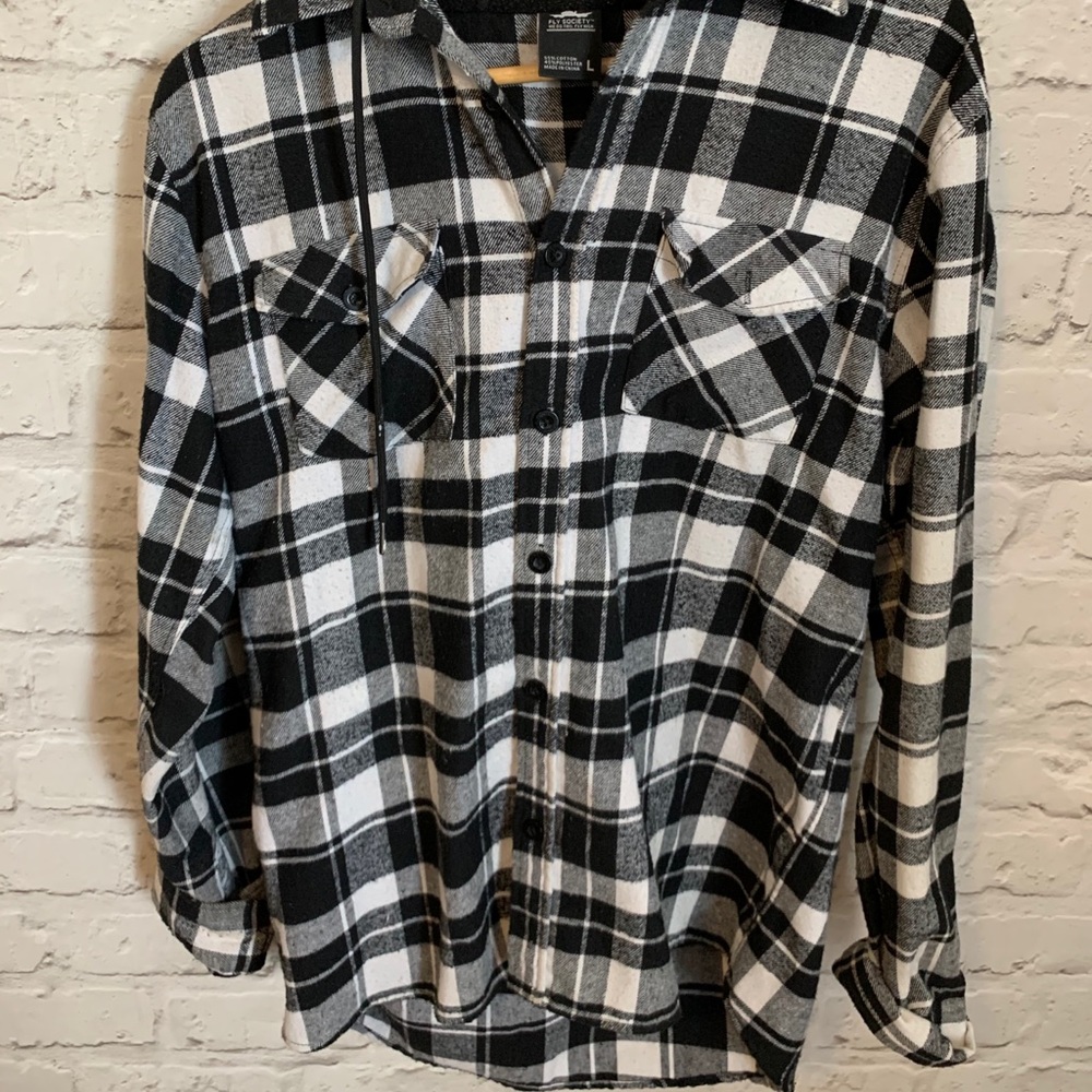 Men’s Plaid Black and White Flannel w/ Hood Size L